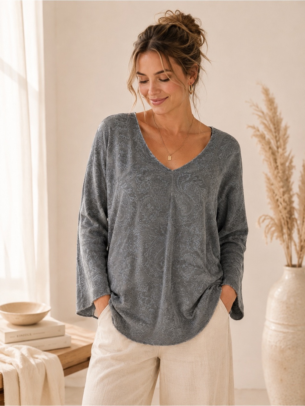 MADE IN ITALY | Gray Velour Paisley V-Neck Long Sleeve Top